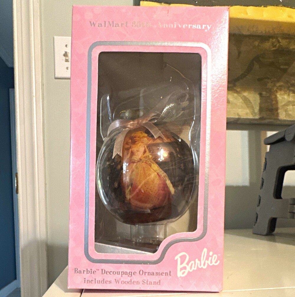Wal Mart Barbie Christmas Holiday Round Ball Ornament w/ Wooden Stand